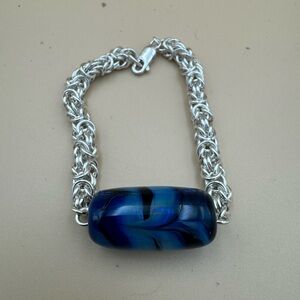 Handmade Blue Glass Bead Bracelet with Sterling Silver Chain. 57